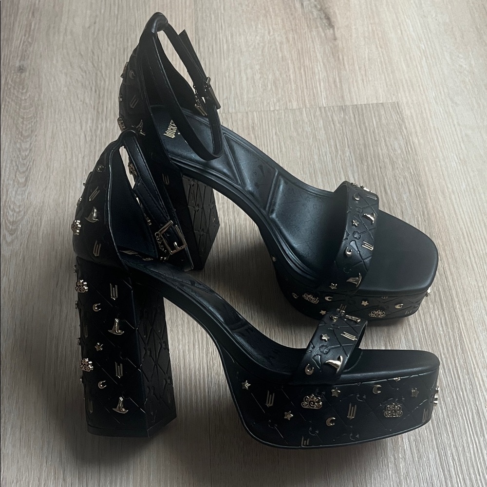 Aldo x Wicked Take Flight Black Gold Vegan Leather Platform Heels